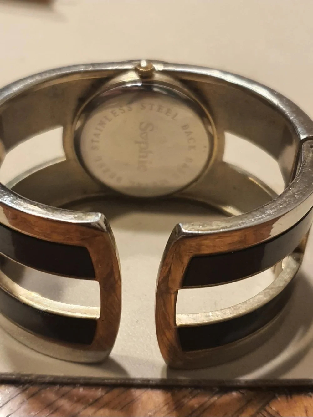 10/$20 Sophie Silver/Brown Stainless Steel Women's Cuff Watch w/Black Accents